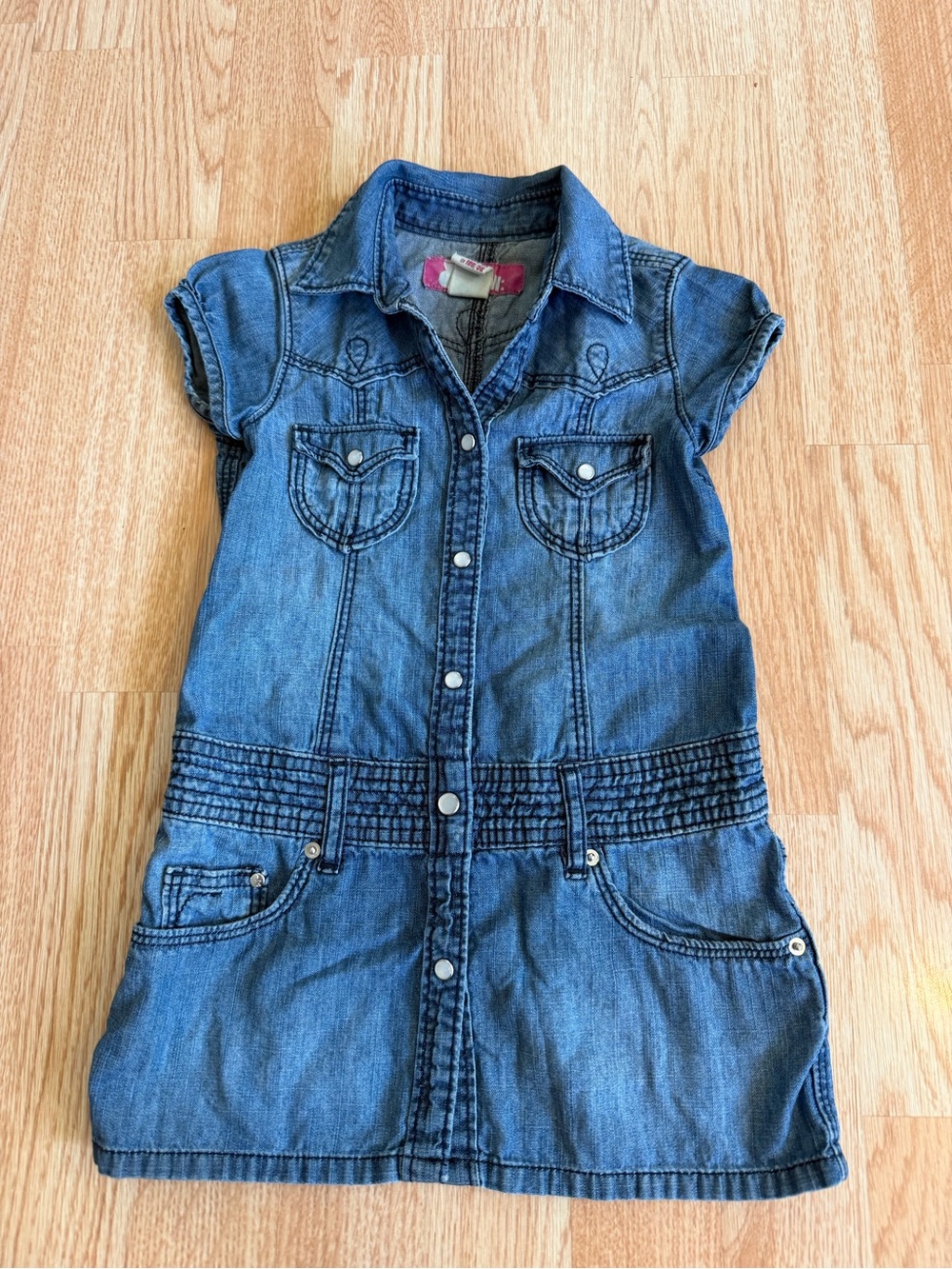 Vintage H&M LOGG Girls Denim Shirt Dress Snap Front Smocked Waist Size 2-3Y